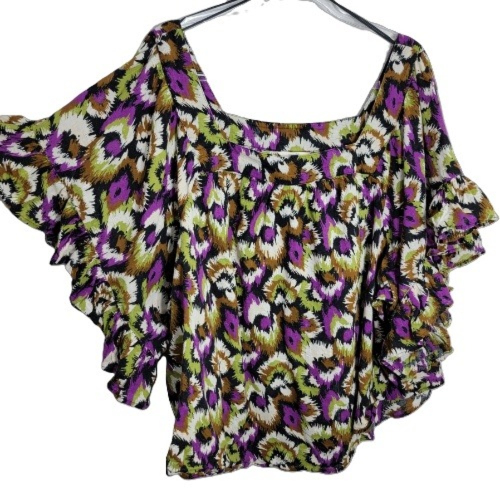 Terra & Sky Womens 3X Plus Square Neck Ruffle Sleeve Cotton Ikat Blouse